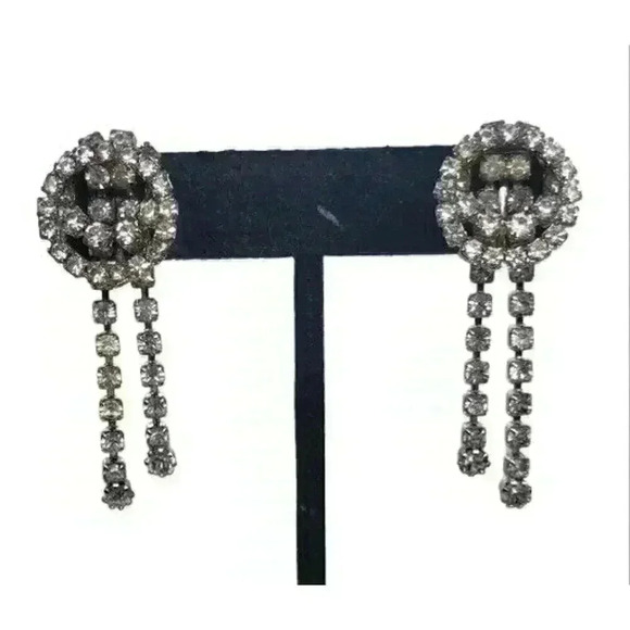 Vintage Rhinestone Earrings Clip Double Circle Long Dangle Bride Barbie Art Deco - Picture 1 of 13